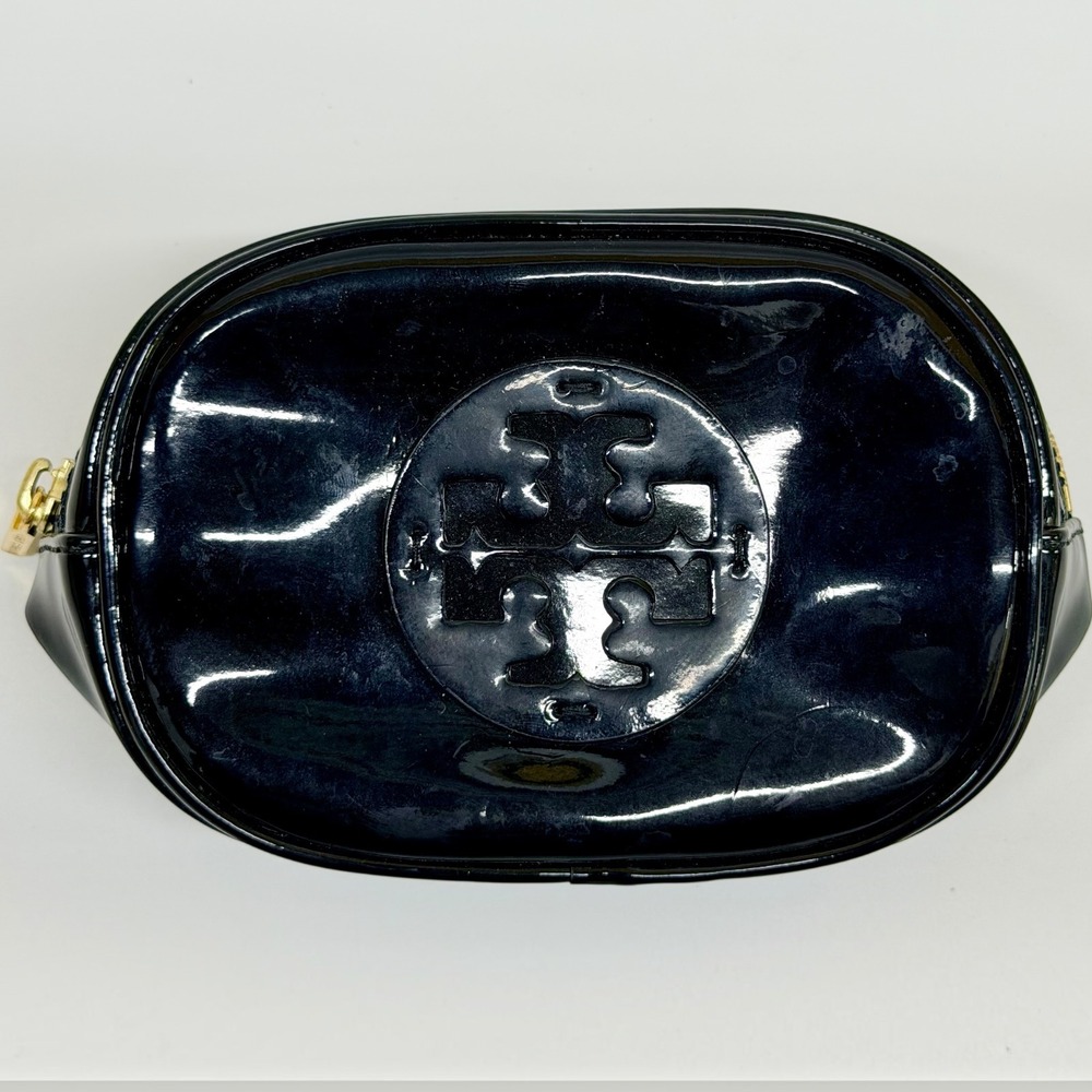 Tory Burch Patent Cosmetic Case Black Makeup Travel Pouch Logo Excellent